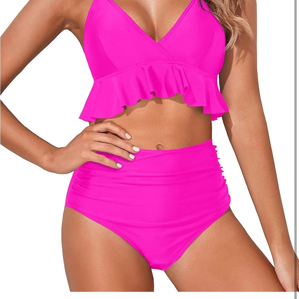 Women Two Piece Swimsuits High Waisted Bikini Set Ruffle Flounce Tummy Control